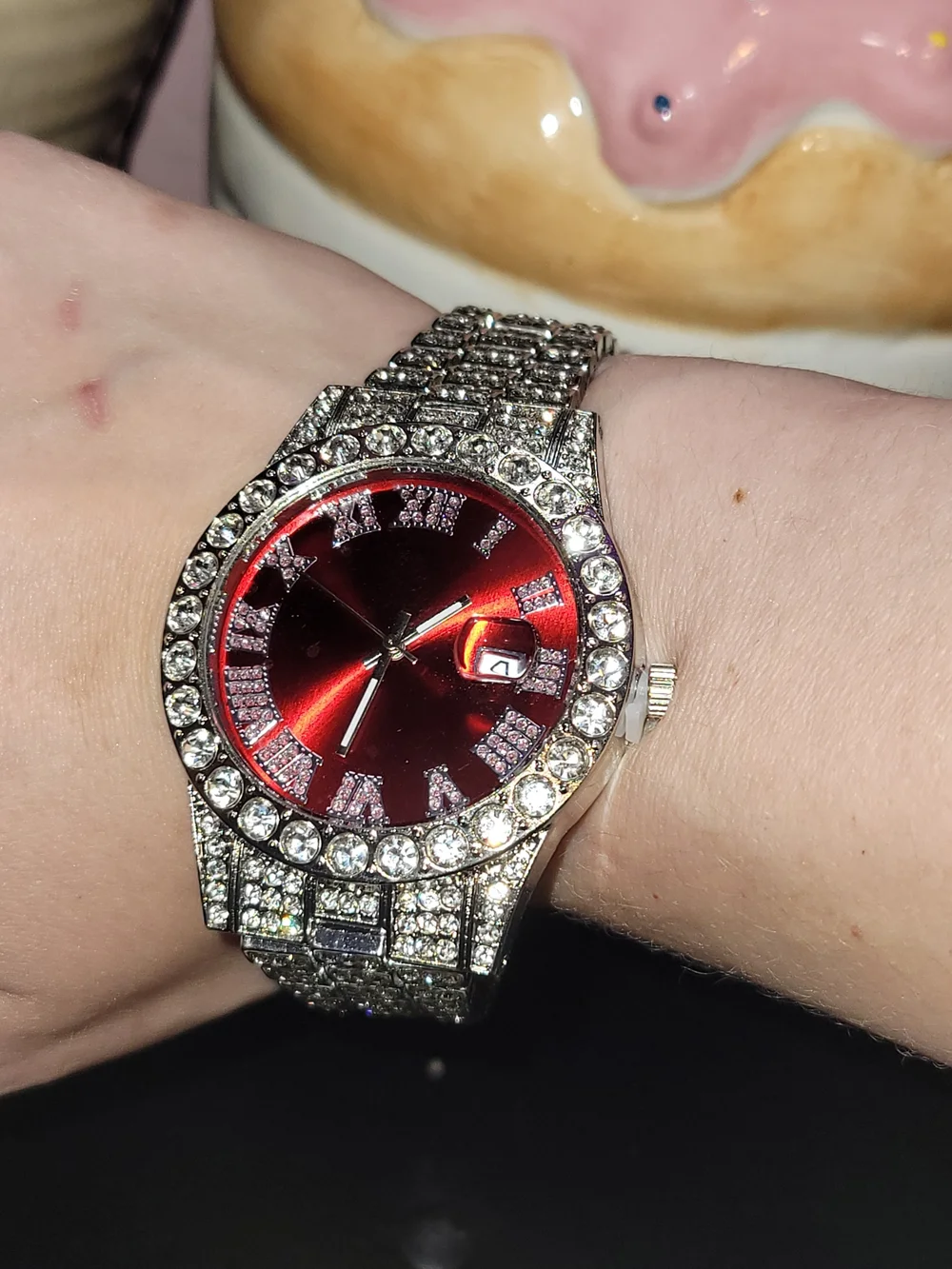 Men's Silver Iced Bracelet Watch with Red Face